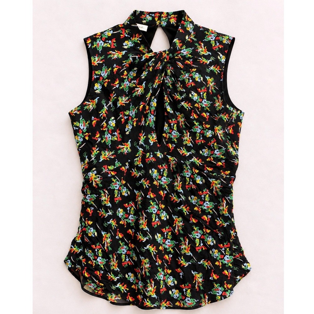 Lafayette 148 New York Frost Ditsy Sleeveless Twisted Collar Blouse US Size 6